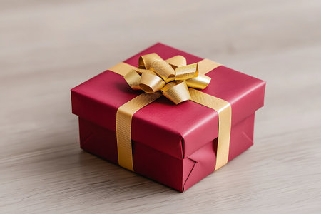 A beautifully wrapped red gift box adorned with a shiny golden ribbon and bow, set against a light wooden surface, evokes celebration and joy.の写真素材