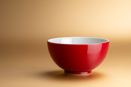 A vibrant red ceramic bowl displayed against a soft gradient background, ideal for culinary photography and design projects. Perfect for showcasing food or decor.の写真素材