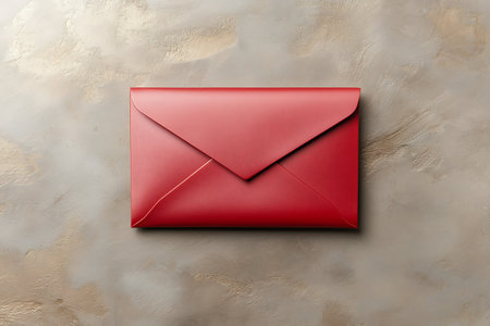 A striking red envelope resting on a subtle textured background, perfect for letters, invitations, or special celebrations. Ideal for various occasions.の写真素材