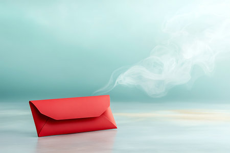 A vibrant red envelope rests on a smooth surface, emitting delicate smoke against a soft turquoise background, creating a dreamlike and artistic atmosphere.の写真素材