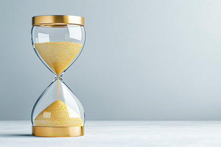 A refined glass hourglass with golden accents captures the essence of time with flowing sandy grains, ideal for decor and artistic representation.の写真素材