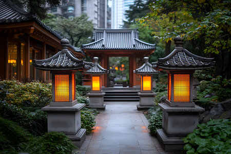 A serene garden pathway illuminated by traditional lanterns creates a tranquil atmosphere in an urban oasis. Immerse yourself in the beauty of nature.の写真素材
