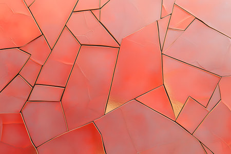 This image showcases an abstract texture with layered red surfaces, featuring intricate cracked patterns and subtle golden highlights. Perfect for artistic projects.の写真素材