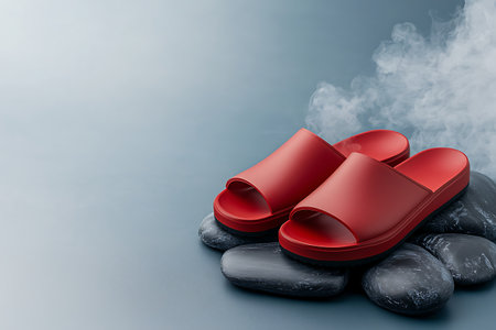 A vibrant red pair of stylish sandals rests on smooth stones, emitting a serene ambiance with soft smoke, perfect for summer fashion and relaxation vibes.の写真素材