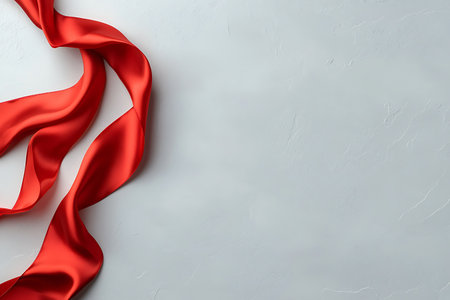Captivating red satin ribbon elegantly drapes over a soft gray background, perfect for design projects, celebrations, or creative crafts. Ideal for showcasing luxury and beauty.の写真素材