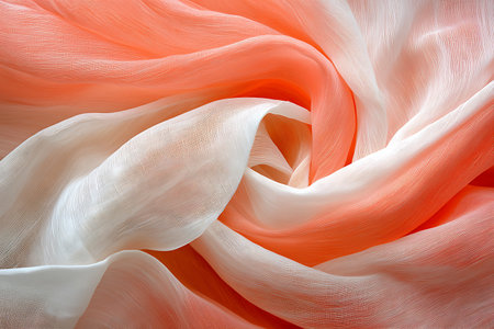This close-up image showcases soft flowing fabric in coral and white shades, perfect for elegant fashion designs, textile projects, or artistic backgrounds.の写真素材