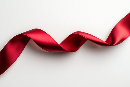 A striking red satin ribbon gracefully curled on a white background, perfect for adding elegance to gifts, crafts, and decorations for any celebration.の写真素材