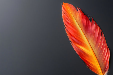 A stunning close-up of a vibrant red and orange feather set against a dark gray background. This image captures the intricate details and smooth textures, perfect for nature lovers and artists alike.の写真素材