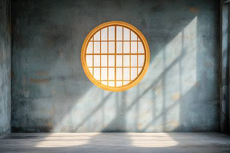 A serene interior featuring a circular window casting beautiful light patterns on a textured wall....