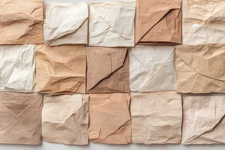 A collection of textured paper squares in natural tones, showcasing warm colors and crumpled finishes. Ideal for creative projects or background needs.の写真素材