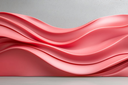 This image features stunning abstract pink waves with a smooth texture set against a neutral gray background, ideal for modern design applications.の写真素材