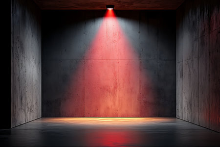 An empty concrete room features a striking red light beam illuminating the grungy walls and floor, creating a dramatic and artistic atmosphere perfect for modern design concepts.の写真素材