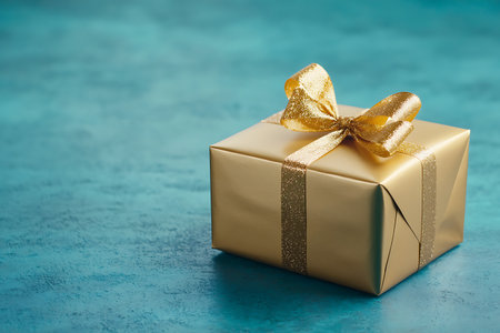 A stunning gold gift box adorned with a shimmering ribbon sits elegantly on a teal background, perfect for capturing the spirit of celebration.の写真素材
