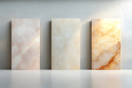 This image features three elegant stone panels showcasing soft pastel colors and unique veining patterns, perfect for modern decor and design inspiration.の写真素材