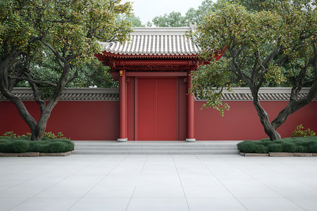 A serene view of traditional architecture featuring a vibrant red door set against lush greenery, stone path, and minimalist design creating a peaceful ambiance.の写真素材