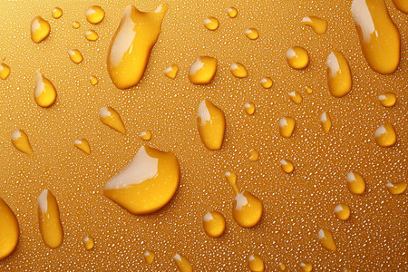 This close-up image showcases clear water droplets resting on a vibrant golden surface. The interplay of light and moisture creates a stunning visual appeal, highlighting the beauty of nature.の写真素材