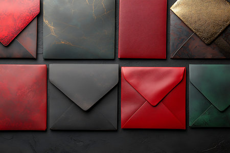 A stunning display of various envelopes in rich colors and textures arranged on a dark surface, perfect for creative projects, invitations, and stationery design inspiration.の写真素材
