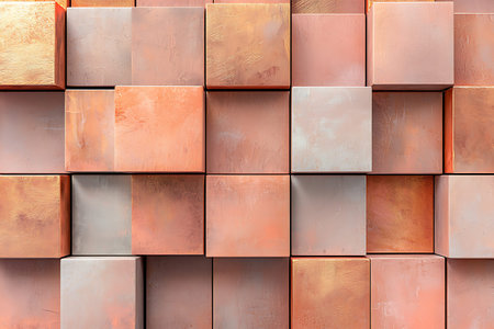 This abstract wall design features textured squares in warm shades of copper and peach, creating a...