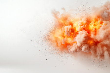 A striking image of a powerful explosion, featuring intense orange smoke and flames against a stark white background, conveying energy and chaos.の写真素材