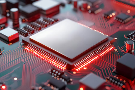 This close-up image features a microprocessor on a circuit board illuminated by vibrant red LED...