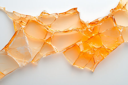A captivating abstract image featuring shattered glass shards with warm orange tones over a clean white background, perfect for modern design.の写真素材