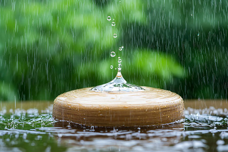 A mesmerizing water droplet creates a perfect splash on a round wooden surface, surrounded by soft rain and lush green foliage, evoking calm and serenity.の写真素材