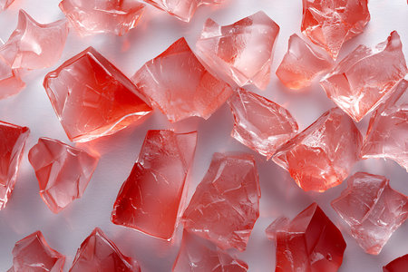 Beautiful red glass chunks scattered on a clean white surface, radiating light and elegance. Perfect for artistic projects and design inspiration.の写真素材