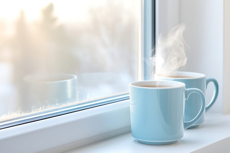 Enjoy a serene morning with two steaming blue cups on a sunlit window sill, evoking feelings of...