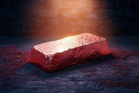 This striking photo captures a glowing red bar resting on a dark textured ground, illuminated by warm light. Perfect for creative projects and modern designs.の写真素材