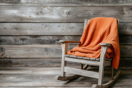 A rustic wooden rocking chair adorned with a warm orange blanket creates a cozy and inviting atmosphere perfect for relaxation in any home setting.の写真素材