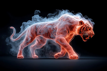 A mesmerizing illustration of a tiger with an intense fiery glow and swirling smoke effect, conveying power and dynamic energy in a dark backdrop.の写真素材