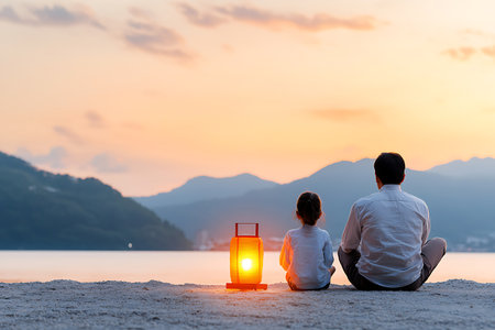 A heartwarming scene of a father and daughter sitting on the beach at sunset, enjoying a peaceful moment together with a glowing lantern.の写真素材