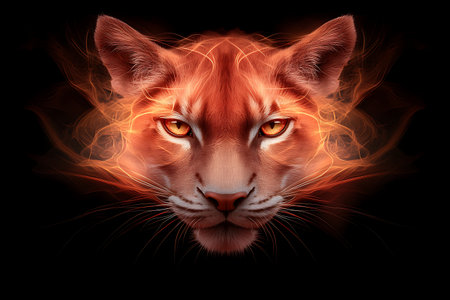 This captivating illustration features a fierce panther face highlighted by vibrant fiery elements. The intense gaze and dramatic details create a powerful visual impact.の写真素材