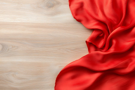 A vibrant red silk fabric gracefully drapes across a light wooden surface, creating a stunning backdrop perfect for various artistic and design applications.の写真素材