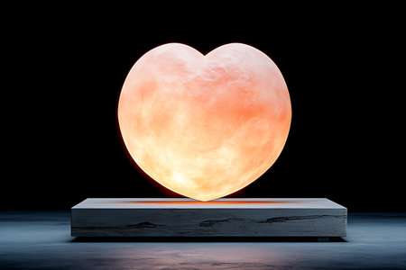This beautiful illuminated heart sculpture on a wooden base radiates warmth and love, creating an inviting ambiance ideal for modern decor and artistic displays.の写真素材