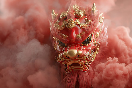 This stunning image features a majestic red dragon mask embedded in soft pink smoke, radiating an...