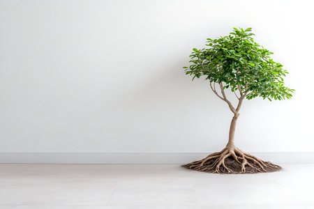 A vibrant indoor tree with exposed roots stands against a clean white wall, embodying serenity and modern decor. Ideal for wellness and nature-inspired aesthetics.の写真素材