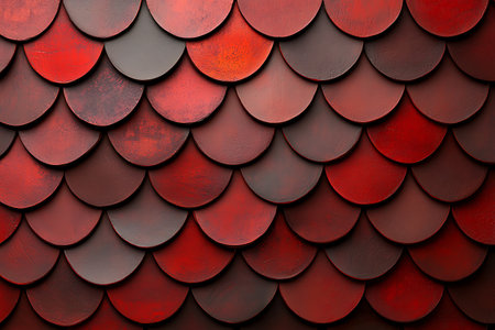 This artistic image showcases a vibrant red scalloped tile pattern, perfect for backgrounds and design projects. The texture adds depth and modern appeal.の写真素材