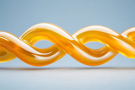 A vibrant twisted orange clay shape set against a soft blue background, showcasing smooth, glossy...