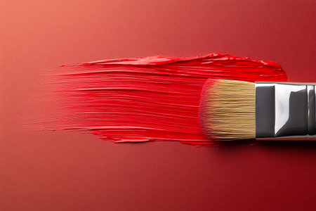 A close-up of a vibrant red paint stroke created with a brush on a smooth surface. Perfect for art, design, and creativity themes.の写真素材