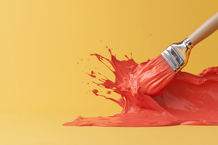 A dynamic image featuring a vivid red paint splash created by a brush against a sunny yellow backdrop, perfect for artistic and creative projects.の写真素材