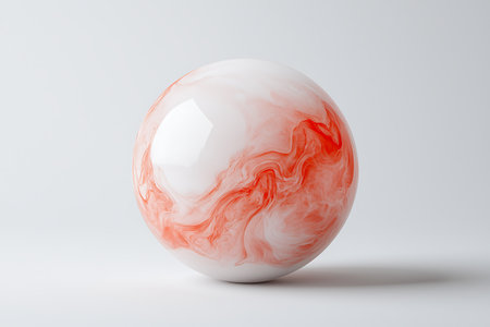 A striking abstract sphere featuring a red and white marble effect, set against a clean minimalistic background, perfect for modern design projects.の写真素材