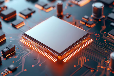 A stunning close-up view of a microchip on a printed circuit board, featuring intricate circuitry...