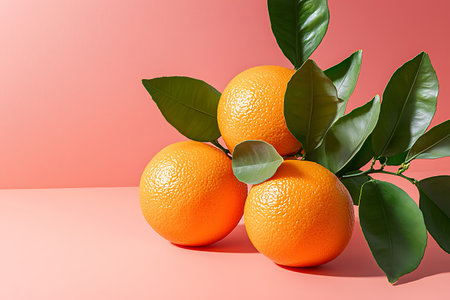 Three fresh oranges with vibrant green leaves on a soft pink background showcase health and natural beauty, ideal for promoting nutrition and culinary arts.の写真素材