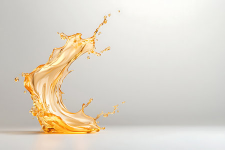 Captivating image of a dynamic splash of golden liquid creating fluid patterns against a soft gray background. Perfect for various creative projects.の写真素材