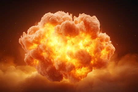 A captivating image of a powerful explosion showcasing bright flames and swirling smoke against a...