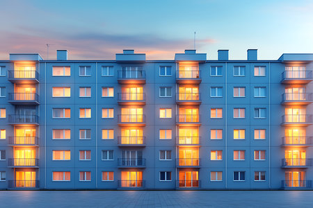 A stunning view of a modern apartment building at twilight, showcasing warm lights glowing from the windows. A perfect depiction of urban living.の写真素材
