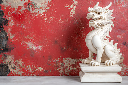 This image features a striking white dragon statue showcasing intricate details, set against a vibrant red and black textured wall, perfect for decor inspiration.の写真素材