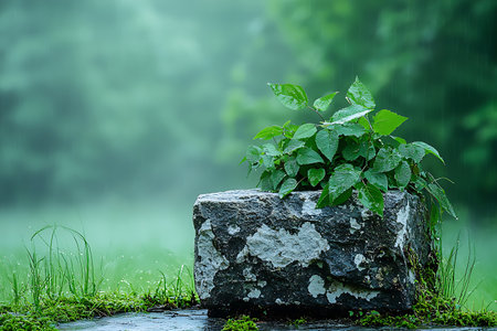 A tranquil scene featuring a green plant thriving on a wet stone, surrounded by misty nature. This peaceful landscape conveys serenity and the beauty of growth.の写真素材