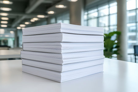A pile of blank notebooks stacked on a white table in a bright office space. The modern setting...